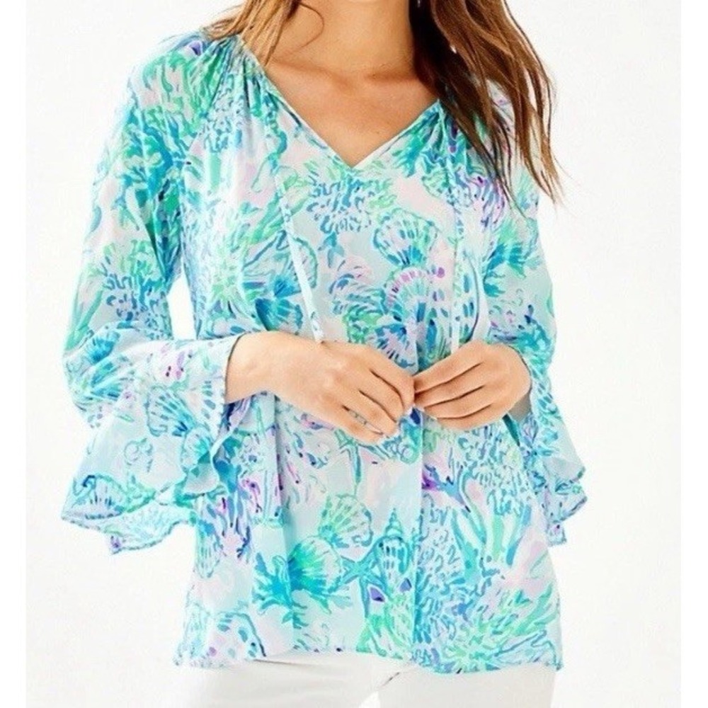 Lilly Pulitzer Willa Flounce Ruffle XXS Sea Life Bell Sleeve Shell Of‎ A Party